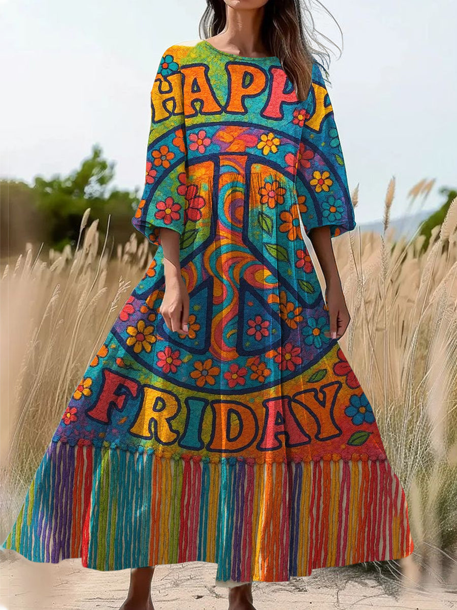 Hippie Floral Art Print Long Sleeve Midi Dress